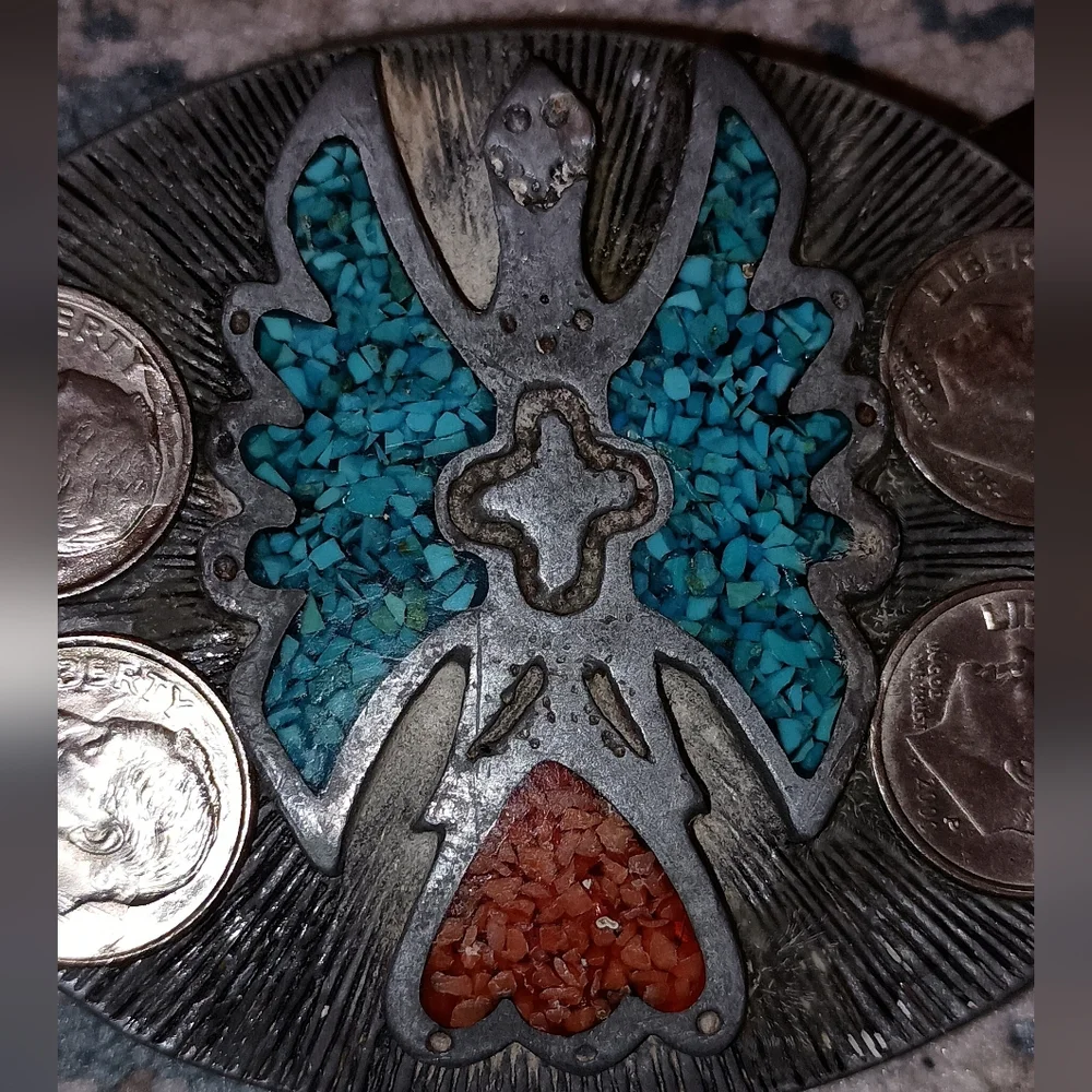 Vintage Turquoise Coral Color Inlay Metal Belt Buckle
